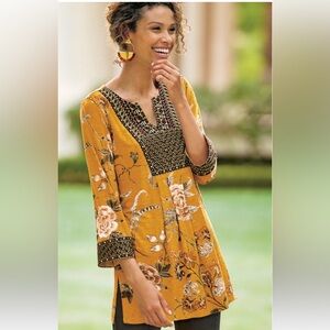 Soft surroundings Etana tunic Exotic floral Antique gold Embroidered split neck